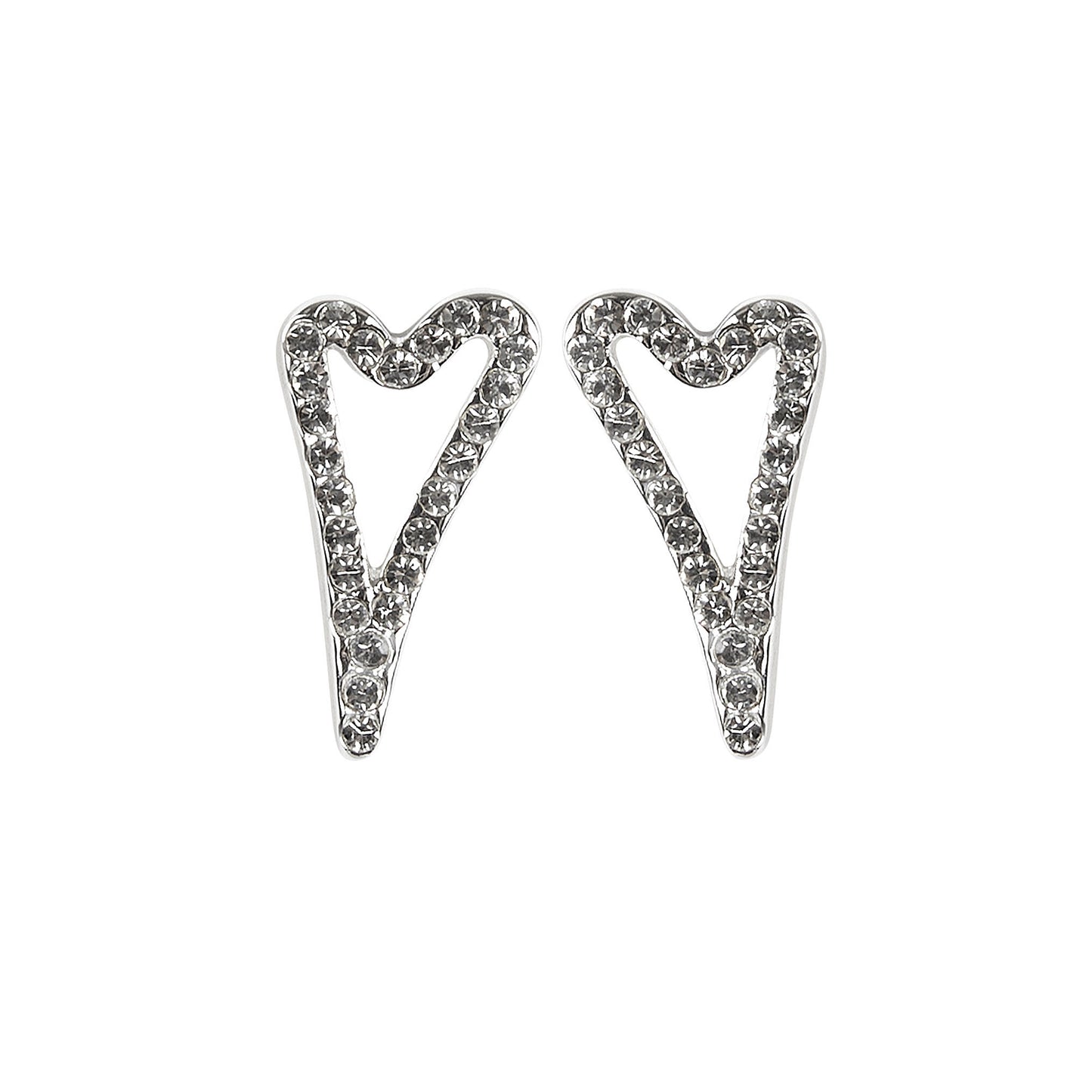 SILVER HOLLOW DIAMANTE HEART STUDS EARRINGS*